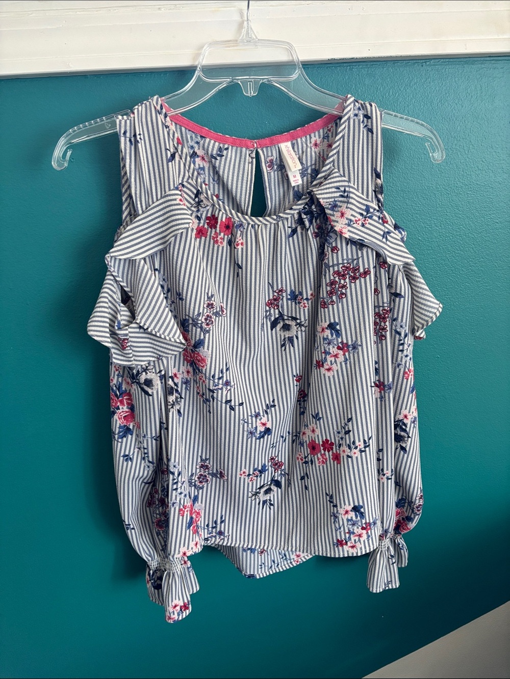 Xhilaration Navy and White Stripe Floral Cold-Shoulder Blouse